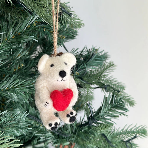 Felt Polar Bear with Heart Ornament